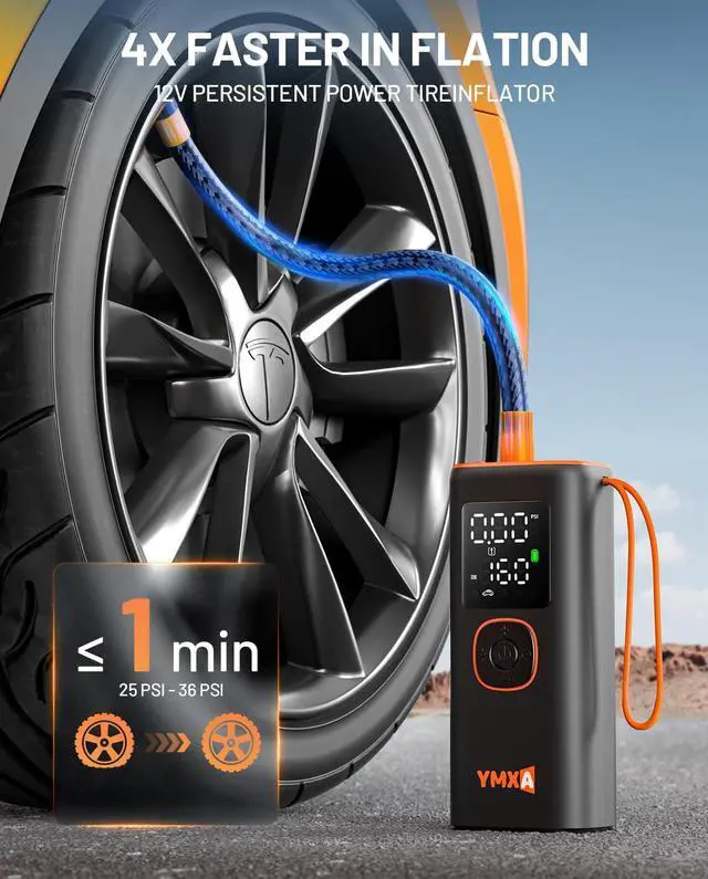 Alt view image 3 of 6 - YMXA Portable Tire Inflator For Car - 5X Faster 160 PSI, DC 12V Air Pump For Car Tires, Portable Air Compressor With Large Dual Digital Screen, Tire Air Pump For with Light Truck, Motorcycle, Bike