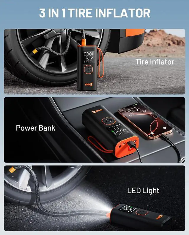 Alt view image 4 of 6 - YMXA Portable Tire Inflator For Car - 5X Faster 160 PSI, DC 12V Air Pump For Car Tires, Portable Air Compressor With Large Dual Digital Screen, Tire Air Pump For with Light Truck, Motorcycle, Bike