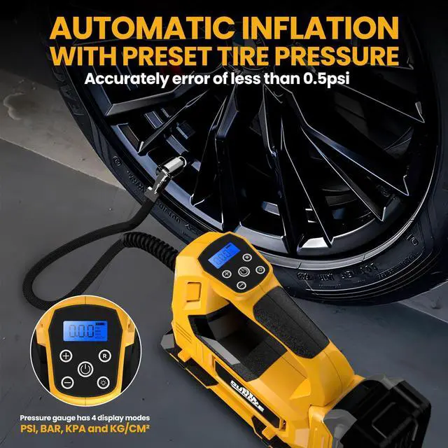 Alt view image 5 of 7 - Cordless Tire Inflator Air Compressor for DeWalt 20V Max Battery, 150PSI Portable LED Light Handheld Air Pump with Digital Pressure Gauge for Cars Motorcycles Bikes Sport Balls(Battery Not Included)
