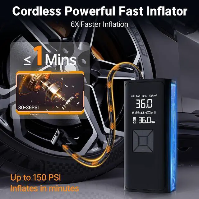 Alt view image 2 of 7 - Tire Inflation Portable Air Compressor, 6x Speed 150 PSI Cordless Multi-Function Smart Air Pump with Digital Pressure Gauge - Fast Tire Inflator for Cars, Motorcycles, Pickup, Balls and More