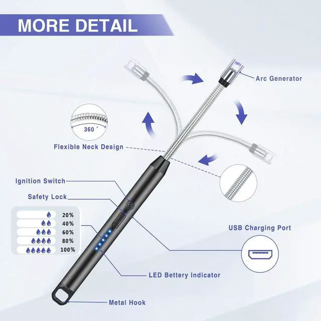 Alt view image 3 of 7 - 2 PCS Candle Lighter, Electric Lighter Arc Windproof Flameless with 360° Flexible Neck & LED Power Display, Lighters for Candle for BBQ, Grill, Camping, Fireplace, Stove