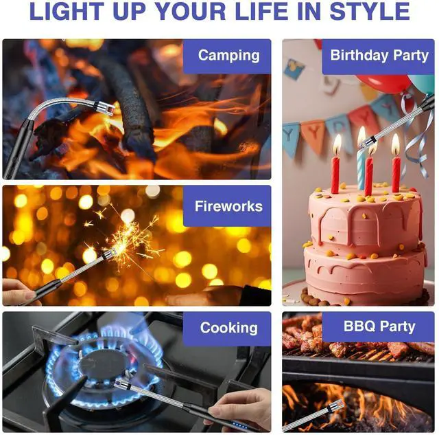 Alt view image 2 of 7 - 2 PCS Candle Lighter, Electric Lighter Arc Windproof Flameless with 360° Flexible Neck & LED Power Display, Lighters for Candle for BBQ, Grill, Camping, Fireplace, Stove