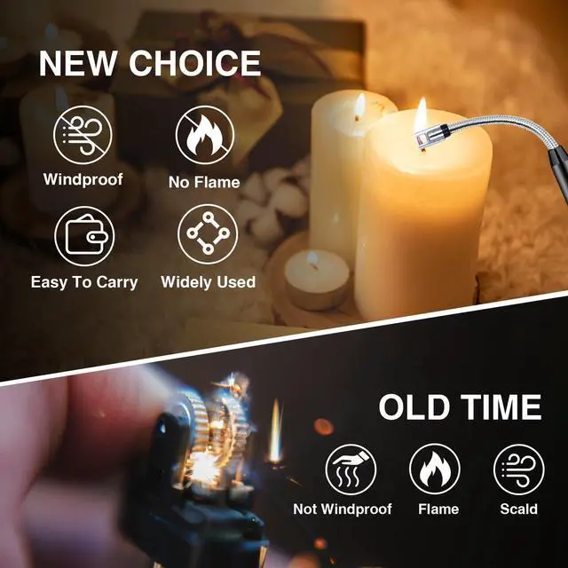 Alt view image 5 of 7 - 2 PCS Candle Lighter, Electric Lighter Arc Windproof Flameless with 360° Flexible Neck & LED Power Display, Lighters for Candle for BBQ, Grill, Camping, Fireplace, Stove