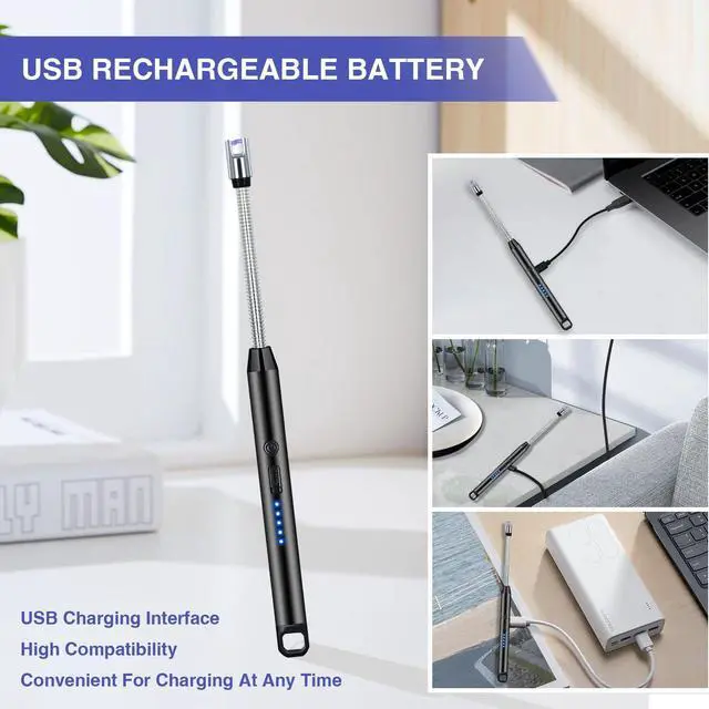 Alt view image 6 of 7 - 2 PCS Candle Lighter, Electric Lighter Arc Windproof Flameless with 360° Flexible Neck & LED Power Display, Lighters for Candle for BBQ, Grill, Camping, Fireplace, Stove