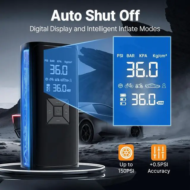 Alt view image 4 of 7 - Tire Inflation Portable Air Compressor, 6x Speed 150 PSI Cordless Multi-Function Smart Air Pump with Digital Pressure Gauge - Fast Tire Inflator for Cars, Motorcycles, Pickup, Balls and More