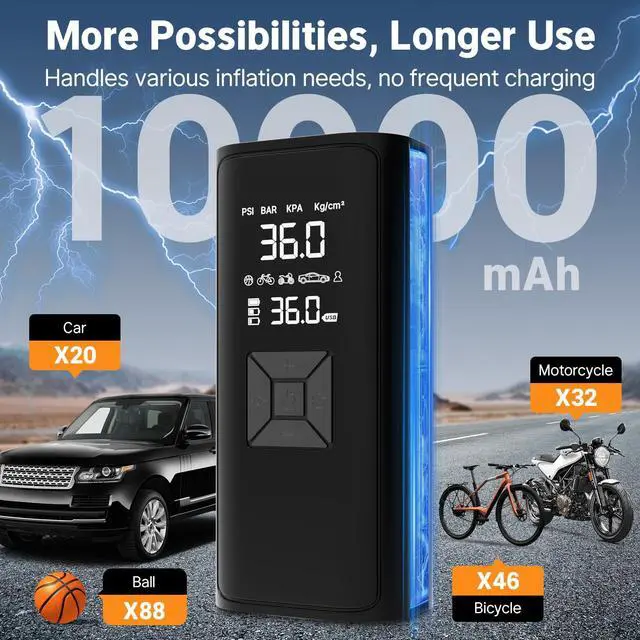 Alt view image 5 of 7 - Tire Inflation Portable Air Compressor, 6x Speed 150 PSI Cordless Multi-Function Smart Air Pump with Digital Pressure Gauge - Fast Tire Inflator for Cars, Motorcycles, Pickup, Balls and More