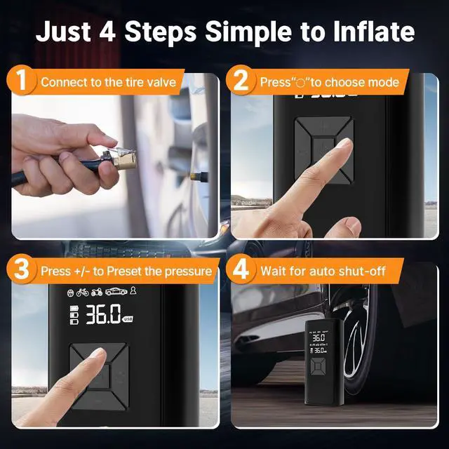 Alt view image 7 of 7 - Tire Inflation Portable Air Compressor, 6x Speed 150 PSI Cordless Multi-Function Smart Air Pump with Digital Pressure Gauge - Fast Tire Inflator for Cars, Motorcycles, Pickup, Balls and More