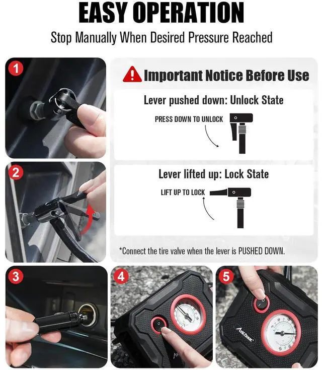 Alt view image 7 of 7 - AVID POWER 12V Tire Inflator Portable Air Compressor, Portable Car Air Pump w/Display Gauge and LED Light, Air Pump for Car Tires, Bike, Motorcycle, Compact, Lightweight (Red)