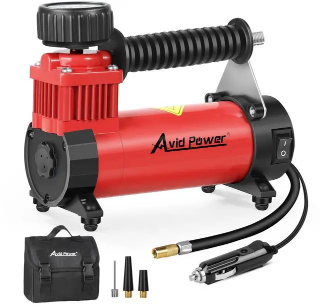 Main image of AVID POWER 12V DC Tire Inflator Portable Air Compressor, Compact Air Pump w/Copper Motor, Easy Operation 12V Tire Pump w/Carrying Case & 3 Adapters (Red)