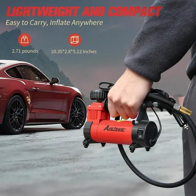 Alt view image 3 of 7 - AVID POWER 12V DC Tire Inflator Portable Air Compressor, Compact Air Pump w/Copper Motor, Easy Operation 12V Tire Pump w/Carrying Case & 3 Adapters (Red)