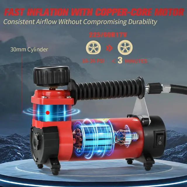 Alt view image 2 of 7 - AVID POWER 12V DC Tire Inflator Portable Air Compressor, Compact Air Pump w/Copper Motor, Easy Operation 12V Tire Pump w/Carrying Case & 3 Adapters (Red)