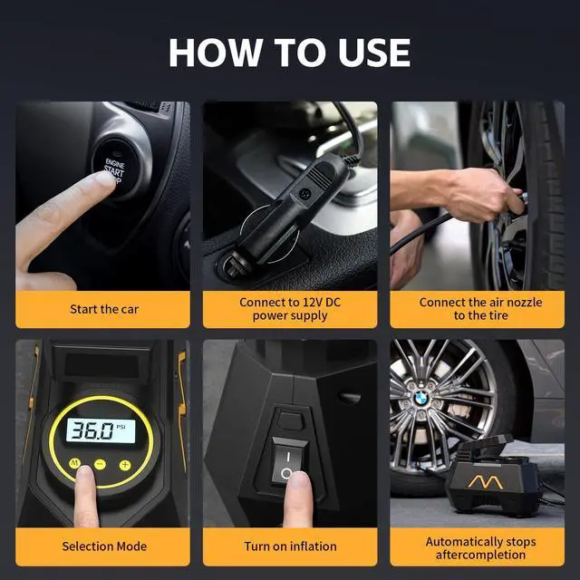 Alt view image 4 of 7 - Tire Inflator Portable Air Compressor, Air Pump for Car Tires, 12V DC-Powered Auto Pump with Digital Pressure Gauge, Emergency LED Light - Car Accessories for Car, Motorcycles, Bicycle, Ball, Balloons