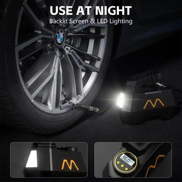 Alt view image 6 of 7 - Tire Inflator Portable Air Compressor, Air Pump for Car Tires, 12V DC-Powered Auto Pump with Digital Pressure Gauge, Emergency LED Light - Car Accessories for Car, Motorcycles, Bicycle, Ball, Balloons