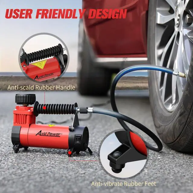 Alt view image 5 of 7 - AVID POWER 12V DC Tire Inflator Portable Air Compressor, Compact Air Pump w/Copper Motor, Easy Operation 12V Tire Pump w/Carrying Case & 3 Adapters (Red)