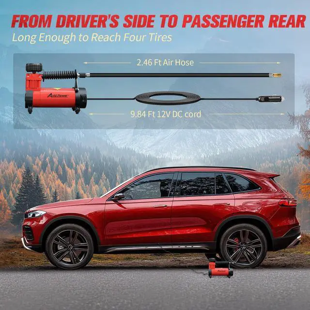 Alt view image 6 of 7 - AVID POWER 12V DC Tire Inflator Portable Air Compressor, Compact Air Pump w/Copper Motor, Easy Operation 12V Tire Pump w/Carrying Case & 3 Adapters (Red)