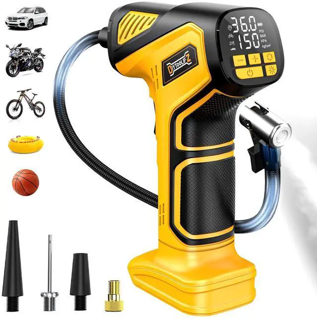 Main image of DIYtoolifz 150PSI Tire Inflator Portable Air Compressor: Cordless Air Pump Compatible with Dewalt 20V Battery - Car Tire Pump with Digital Pressure Gauge & LED Light for Auto, Motorcycles(Bare Tool)