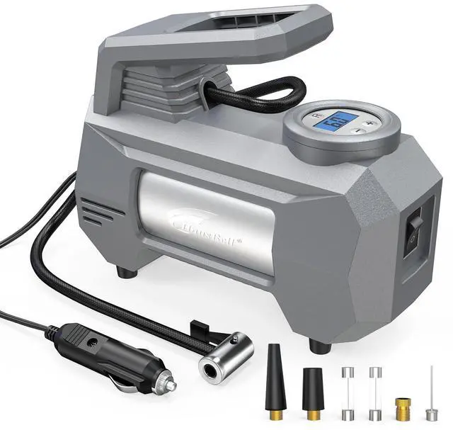 Main image of HAUSBELL 150 PSI Tire Inflator Portable Air Compressor for Car Tires, Air Pump for Car, 12V DC-Powered Tire Pump with Valve Adapter, Digital Pressure Gauge, Emergency LED Light for Bicycle, Grey