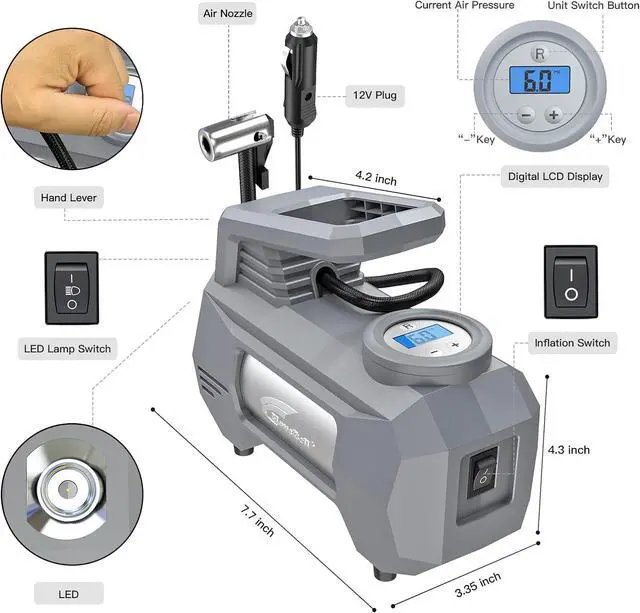 Alt view image 2 of 6 - HAUSBELL 150 PSI Tire Inflator Portable Air Compressor for Car Tires, Air Pump for Car, 12V DC-Powered Tire Pump with Valve Adapter, Digital Pressure Gauge, Emergency LED Light for Bicycle, Grey