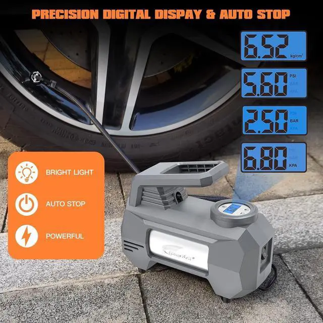 Alt view image 4 of 6 - HAUSBELL 150 PSI Tire Inflator Portable Air Compressor for Car Tires, Air Pump for Car, 12V DC-Powered Tire Pump with Valve Adapter, Digital Pressure Gauge, Emergency LED Light for Bicycle, Grey