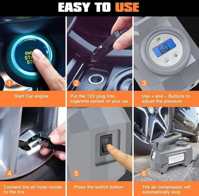 Alt view image 3 of 6 - HAUSBELL 150 PSI Tire Inflator Portable Air Compressor for Car Tires, Air Pump for Car, 12V DC-Powered Tire Pump with Valve Adapter, Digital Pressure Gauge, Emergency LED Light for Bicycle, Grey