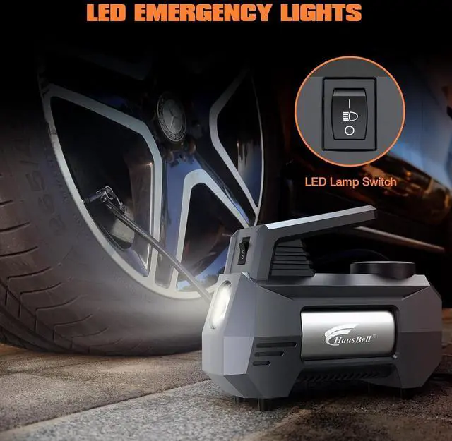 Alt view image 6 of 6 - HAUSBELL 150 PSI Tire Inflator Portable Air Compressor for Car Tires, Air Pump for Car, 12V DC-Powered Tire Pump with Valve Adapter, Digital Pressure Gauge, Emergency LED Light for Bicycle, Grey