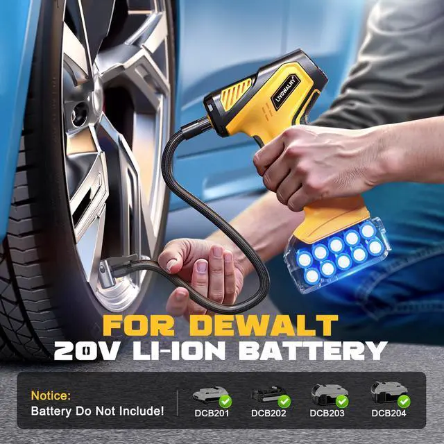 Alt view image 6 of 7 - Tire Inflator Portable Air Compressor Compatible With Dewalt 20V Battery, LIVOWALNY 150PSI Air Pump Cordless Tire Pump Digital Pressure Gauge, Tire Inflator for Car, Bike, Motorcycle (No Battery)