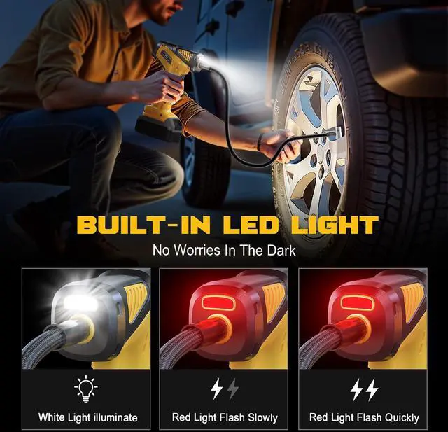 Alt view image 7 of 7 - Tire Inflator Portable Air Compressor Compatible With Dewalt 20V Battery, LIVOWALNY 150PSI Air Pump Cordless Tire Pump Digital Pressure Gauge, Tire Inflator for Car, Bike, Motorcycle (No Battery)