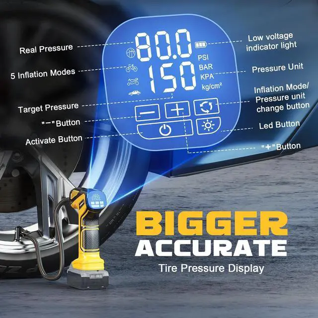 Alt view image 5 of 7 - Tire Inflator Portable Air Compressor Compatible With Dewalt 20V Battery, LIVOWALNY 150PSI Air Pump Cordless Tire Pump Digital Pressure Gauge, Tire Inflator for Car, Bike, Motorcycle (No Battery)