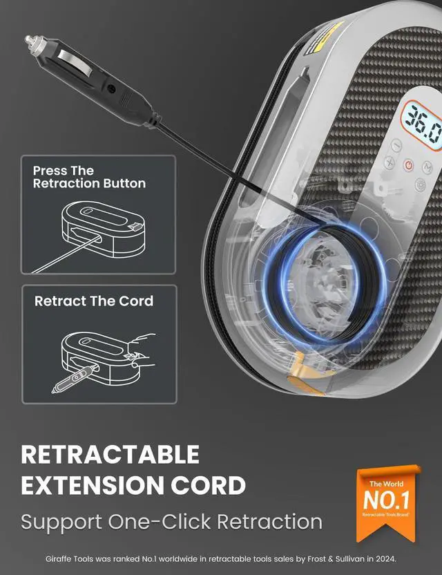 Alt view image 3 of 7 - Giraffe Tools Tire Inflator Portable Air Compressor, 150 PSI 12V Car Air Pump with Digital Pressure Gauge, 13ft Cord Retraction Auto Tire Pump with Emergency LED Light for Bicycle, Motorcycle, Ball