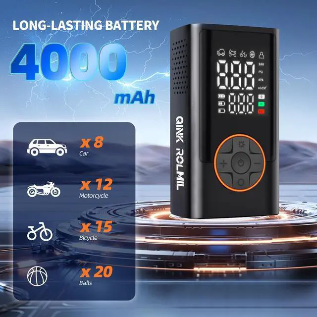 Alt view image 2 of 6 - Tire Inflator Portable Air Compressor Cordless Mini Bike Pump with Digital Dual Values Display, 150 PSI Car Tires Air Pump with LED Lights&Pressure Gauge for Auto, Motorcycles, Bikes, Balls