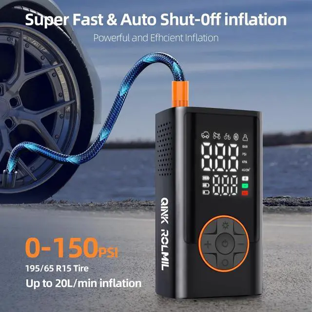 Alt view image 3 of 6 - Tire Inflator Portable Air Compressor Cordless Mini Bike Pump with Digital Dual Values Display, 150 PSI Car Tires Air Pump with LED Lights&Pressure Gauge for Auto, Motorcycles, Bikes, Balls