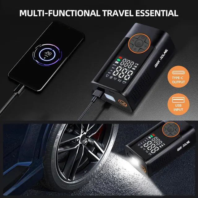 Alt view image 4 of 6 - Tire Inflator Portable Air Compressor Cordless Mini Bike Pump with Digital Dual Values Display, 150 PSI Car Tires Air Pump with LED Lights&Pressure Gauge for Auto, Motorcycles, Bikes, Balls