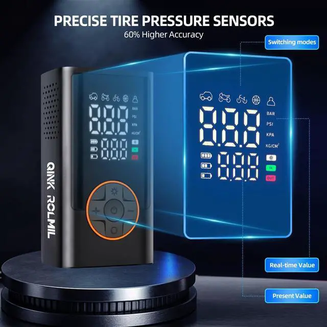 Alt view image 5 of 6 - Tire Inflator Portable Air Compressor Cordless Mini Bike Pump with Digital Dual Values Display, 150 PSI Car Tires Air Pump with LED Lights&Pressure Gauge for Auto, Motorcycles, Bikes, Balls