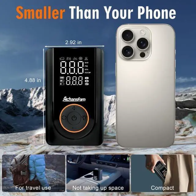 Alt view image 3 of 7 - AchansFam L9 Pro Tire Inflator Portable Air Compressor, 150PSI Cordless Bike Pump, Electric Air Pump with Digital Pressure Gauge, LED Light, Auto Shut-Off, for Motorcycle, Bicycle, Car, Ball