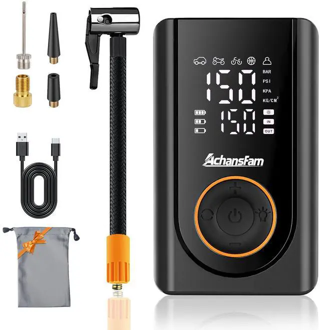 Main image of AchansFam L9 Pro Tire Inflator Portable Air Compressor, 150PSI Cordless Bike Pump, Electric Air Pump with Digital Pressure Gauge, LED Light, Auto Shut-Off, for Motorcycle, Bicycle, Car, Ball