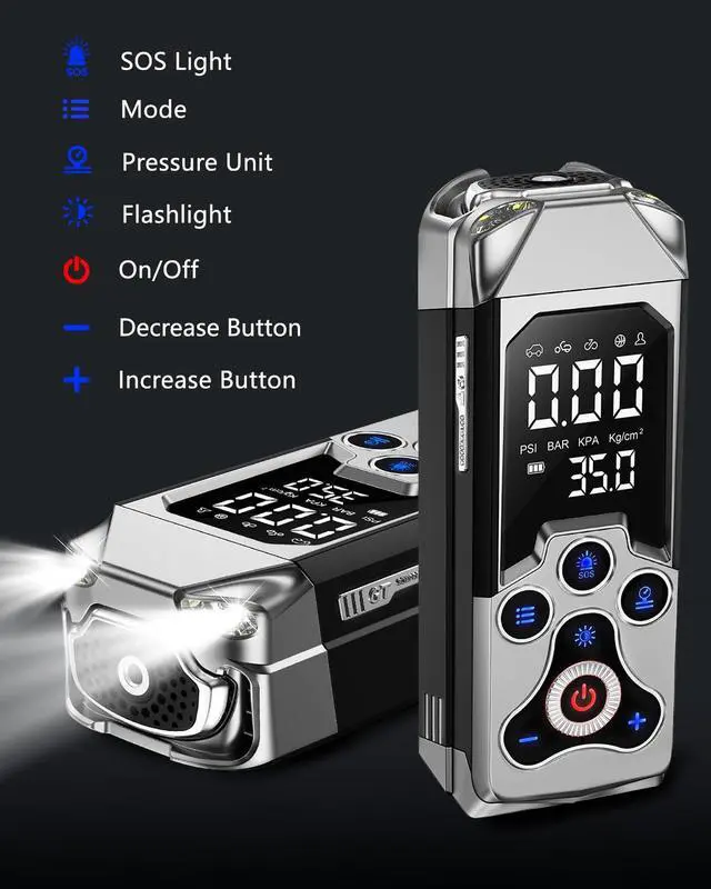 Alt view image 4 of 6 - Tire Inflator Portable Air Compressor: Cordless Air Pump for Car Tires 150PSI-Tire Pump with Pressure Gauge 15000mAh for Car Bike Motorcycle(Black)