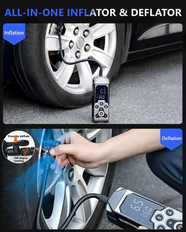 Alt view image 6 of 6 - Tire Inflator Portable Air Compressor: Cordless Air Pump for Car Tires 150PSI-Tire Pump with Pressure Gauge 15000mAh for Car Bike Motorcycle(Black)