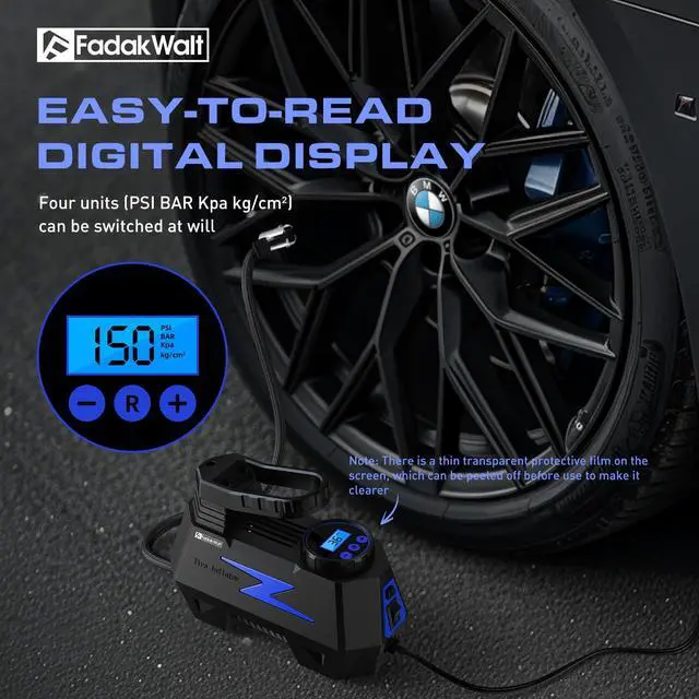 Alt view image 5 of 7 - FADAKWALT Tire Inflator Portable Air Compressor, DC 12V Tire Air Pump with LED and 150PSI Digital Pressure Gauge, Portable Tire Inflator for Car Tires, Motorcycles, Bike, Ball (Blue)