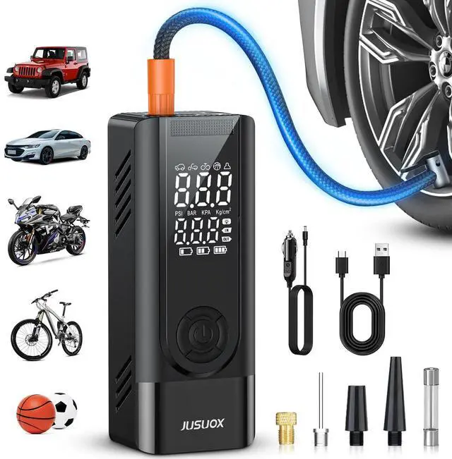 Main image of JUSUOX Tire Inflator Portable Air Compressor, 150PSI Cordless Air Pump for Car Tires, Battery & 12V DC Dual Power Electric Bike Tire Pump with Digital Pressure Gauge, LED Light, for Motorcycle, Ball