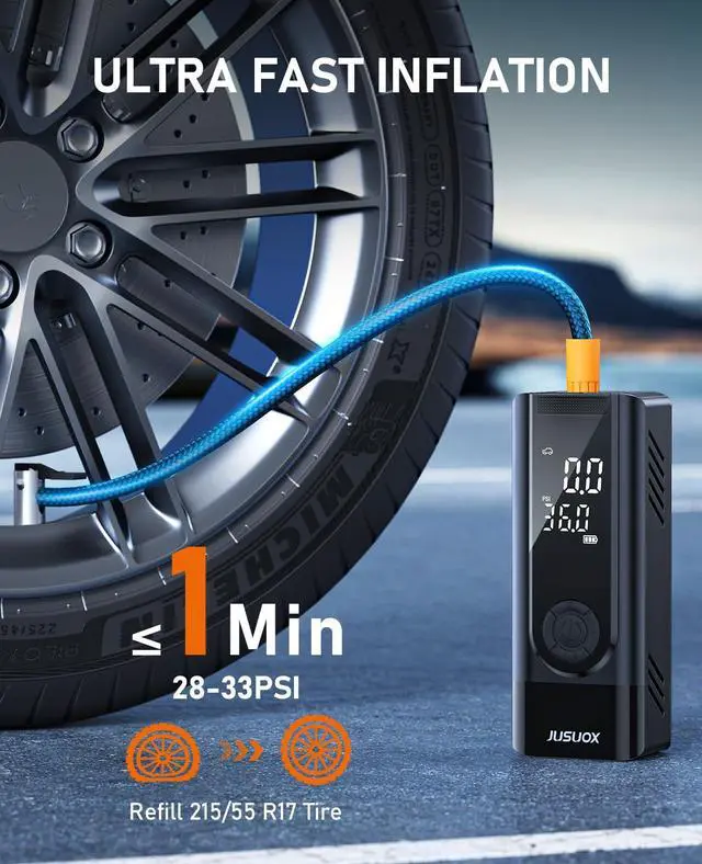 Alt view image 2 of 7 - JUSUOX Tire Inflator Portable Air Compressor, 150PSI Cordless Air Pump for Car Tires, Battery & 12V DC Dual Power Electric Bike Tire Pump with Digital Pressure Gauge, LED Light, for Motorcycle, Ball