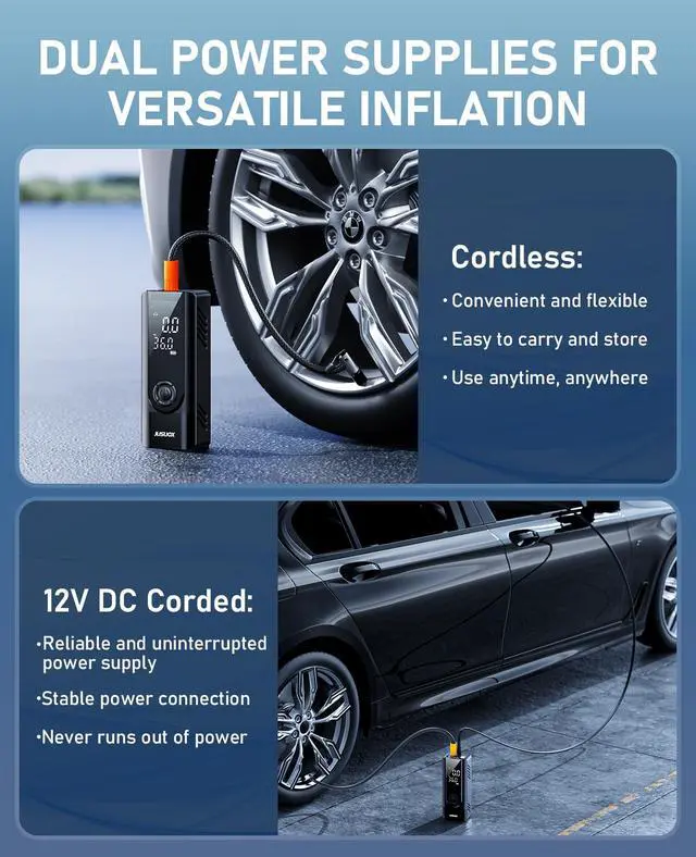 Alt view image 3 of 7 - JUSUOX Tire Inflator Portable Air Compressor, 150PSI Cordless Air Pump for Car Tires, Battery & 12V DC Dual Power Electric Bike Tire Pump with Digital Pressure Gauge, LED Light, for Motorcycle, Ball