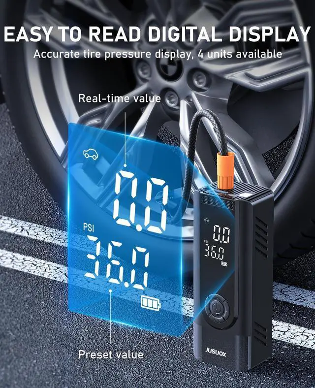 Alt view image 4 of 7 - JUSUOX Tire Inflator Portable Air Compressor, 150PSI Cordless Air Pump for Car Tires, Battery & 12V DC Dual Power Electric Bike Tire Pump with Digital Pressure Gauge, LED Light, for Motorcycle, Ball