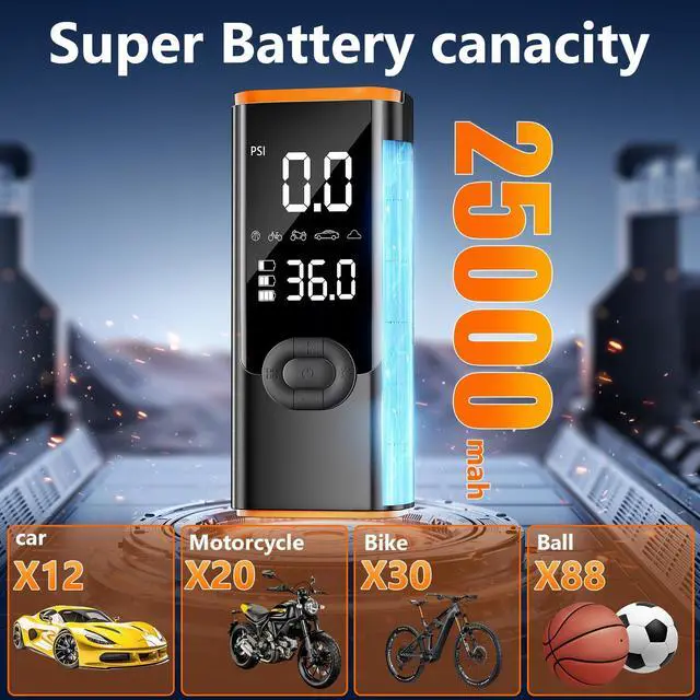 Alt view image 3 of 7 - Tire Inflator Portable Air Compressor, 180PSI Air Pump for Car Tires with 25000mAh Battery, One Click Smart Air Pump Tire Inflator for Car, Motorcycle, Bicycle and More with Tire Pressure Gauge