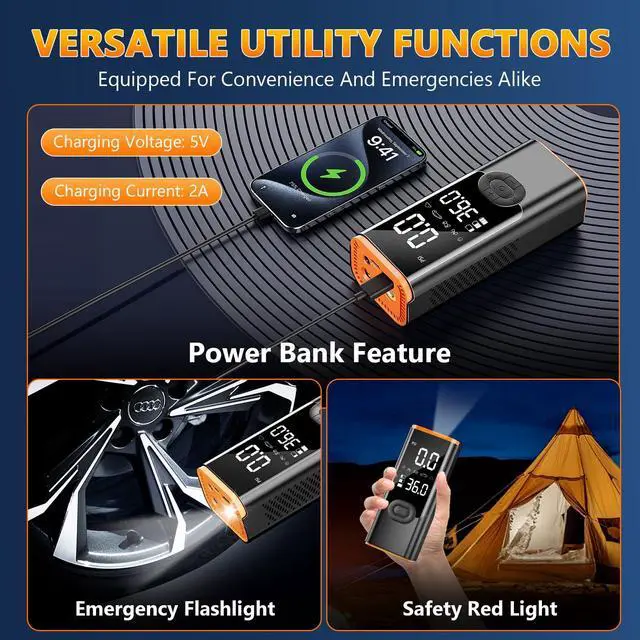 Alt view image 7 of 7 - Tire Inflator Portable Air Compressor, 180PSI Air Pump for Car Tires with 25000mAh Battery, One Click Smart Air Pump Tire Inflator for Car, Motorcycle, Bicycle and More with Tire Pressure Gauge