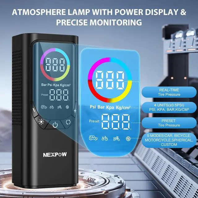 Alt view image 2 of 7 - Tire Inflator Portable Air Compressor, NEXPOW 150PSI & 9000mAh Cordless Air Pump with Digital Tire Pressure Gauge, Accurate Dual LCD Display & LED Light, Tire Inflator for Car,Motorcycle,Bike,Balls