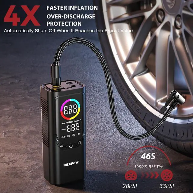 Alt view image 3 of 7 - Tire Inflator Portable Air Compressor, NEXPOW 150PSI & 9000mAh Cordless Air Pump with Digital Tire Pressure Gauge, Accurate Dual LCD Display & LED Light, Tire Inflator for Car,Motorcycle,Bike,Balls