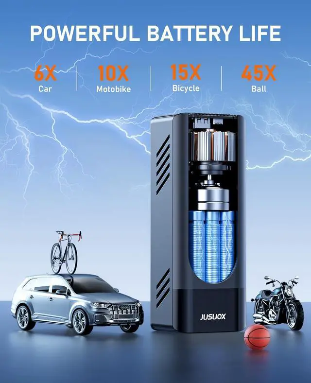 Alt view image 6 of 7 - JUSUOX Tire Inflator Portable Air Compressor, 150PSI Cordless Air Pump for Car Tires, Battery & 12V DC Dual Power Electric Bike Tire Pump with Digital Pressure Gauge, LED Light, for Motorcycle, Ball