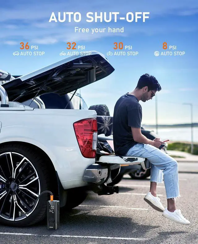 Alt view image 5 of 7 - JUSUOX Tire Inflator Portable Air Compressor, 150PSI Cordless Air Pump for Car Tires, Battery & 12V DC Dual Power Electric Bike Tire Pump with Digital Pressure Gauge, LED Light, for Motorcycle, Ball