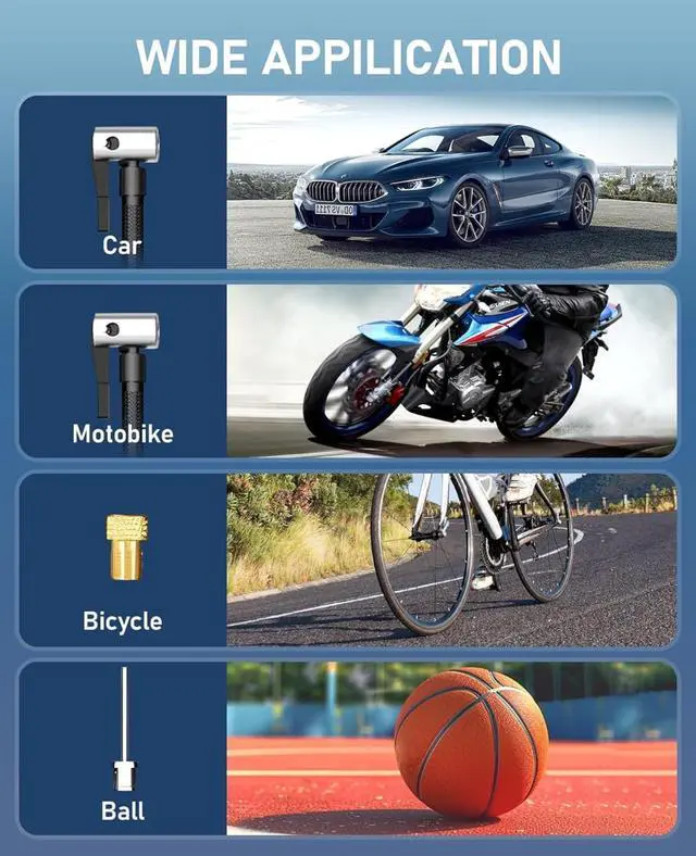 Alt view image 7 of 7 - JUSUOX Tire Inflator Portable Air Compressor, 150PSI Cordless Air Pump for Car Tires, Battery & 12V DC Dual Power Electric Bike Tire Pump with Digital Pressure Gauge, LED Light, for Motorcycle, Ball