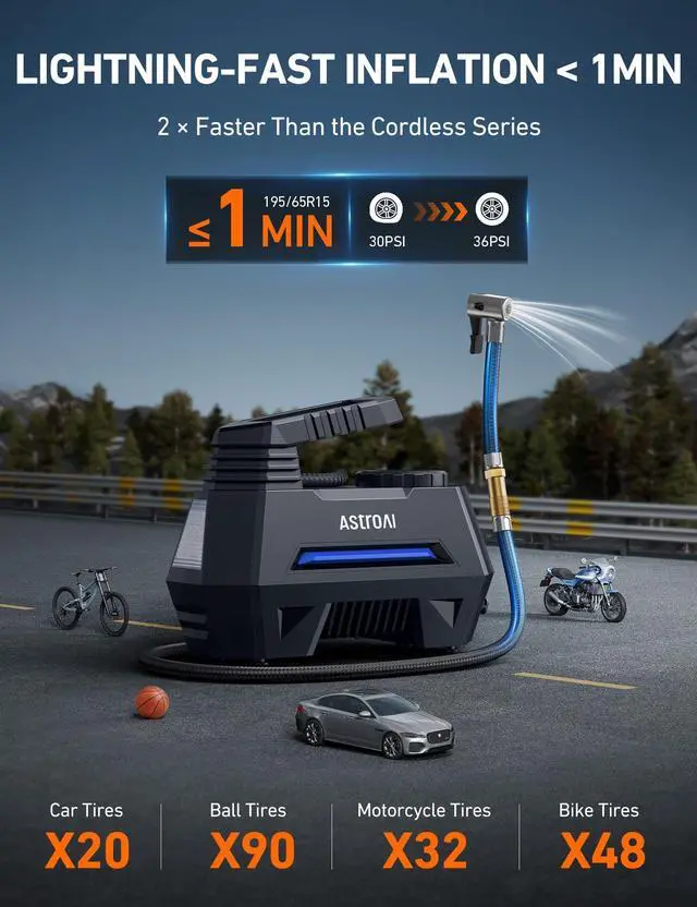 Alt view image 2 of 7 - AstroAI Tire Inflator Portable Air Compressor Air Pump for Car Tires-Car Accessories, 9.8Ft Cord-12V DC-Powered Auto Pump with Digital Pressure Gauge, Emergency LED Light for Bicycle, Balloons, Blue